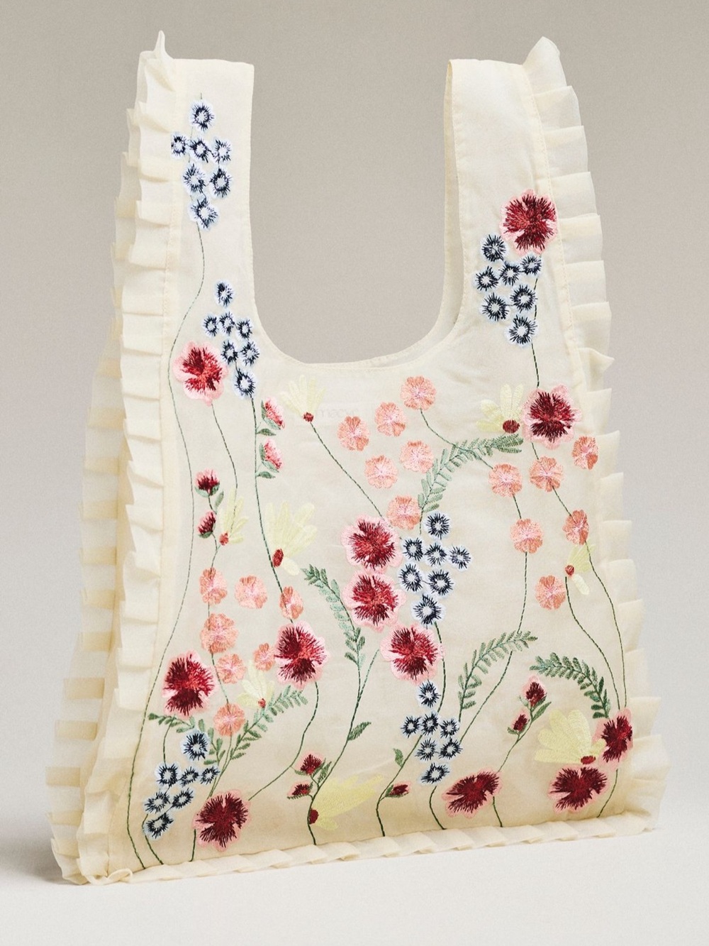 Anthropologie Mesh Floral Embroidered Ruffle-Trim Tote